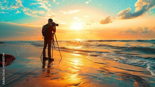 A man is standing on the beach with a camera