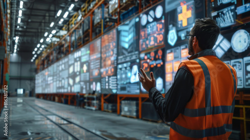 A male engineer in a reflective vest interacts with a futuristic, digital interface showing complex data in a warehouse setting.