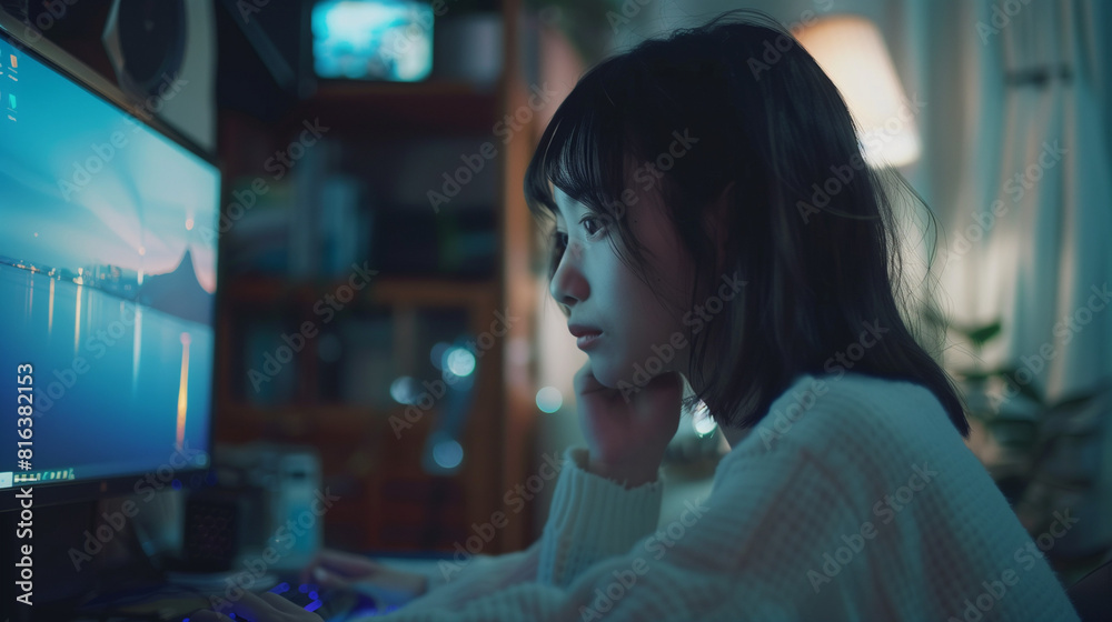 若い女性が薄暗い部屋でデスクトップパソコンを操作している、真剣な真面目な表情 若い女性が薄暗い部屋でデスクトップパソコンを操作している、真剣な真面目な表情