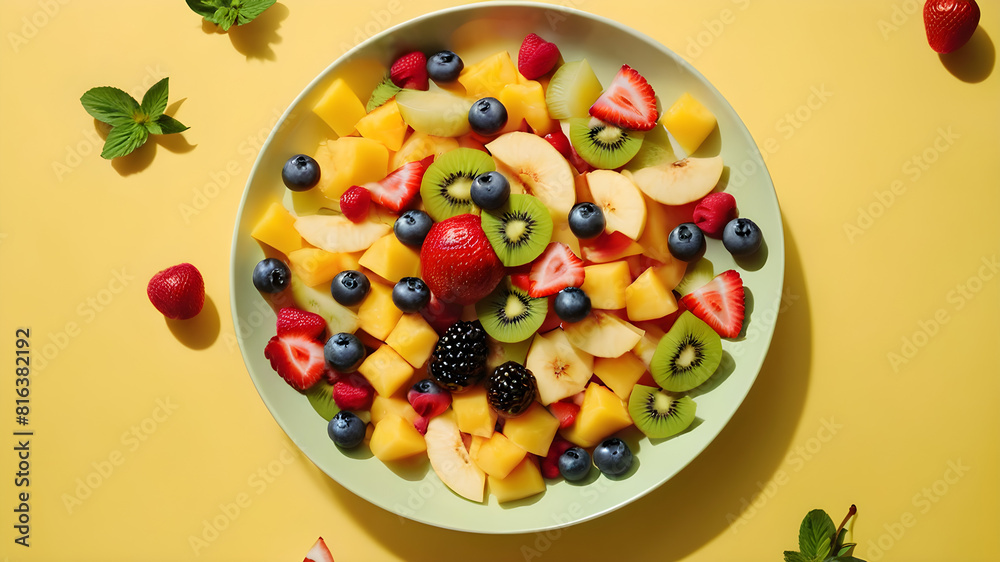 Mixed fruit salad in plate on yellow background top view Diet summer food concept