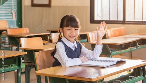 日本の学校の教室で女の子が笑顔で手を上げている写真、低学年、中学年 photo