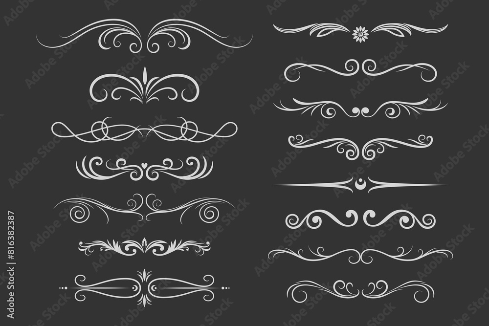 Retro Text Delimiter Set. Vintage Ornamental Monochrome Text Dividers, Decorative Scrolls, Separators and Header Decorative Swirls. Vector Illustration