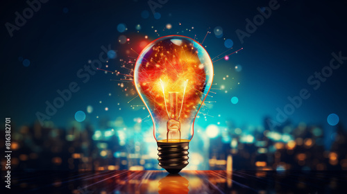 A light bulb is lit up with a bright orange glow