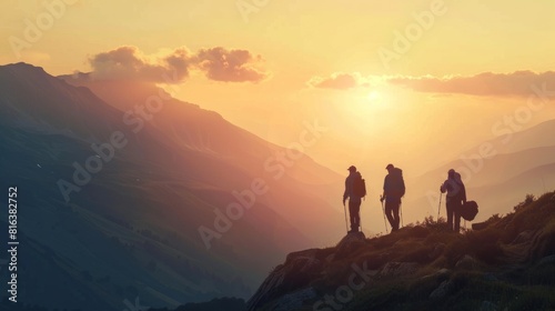 Silhouette of tourists in mountains. Sport and active life concept