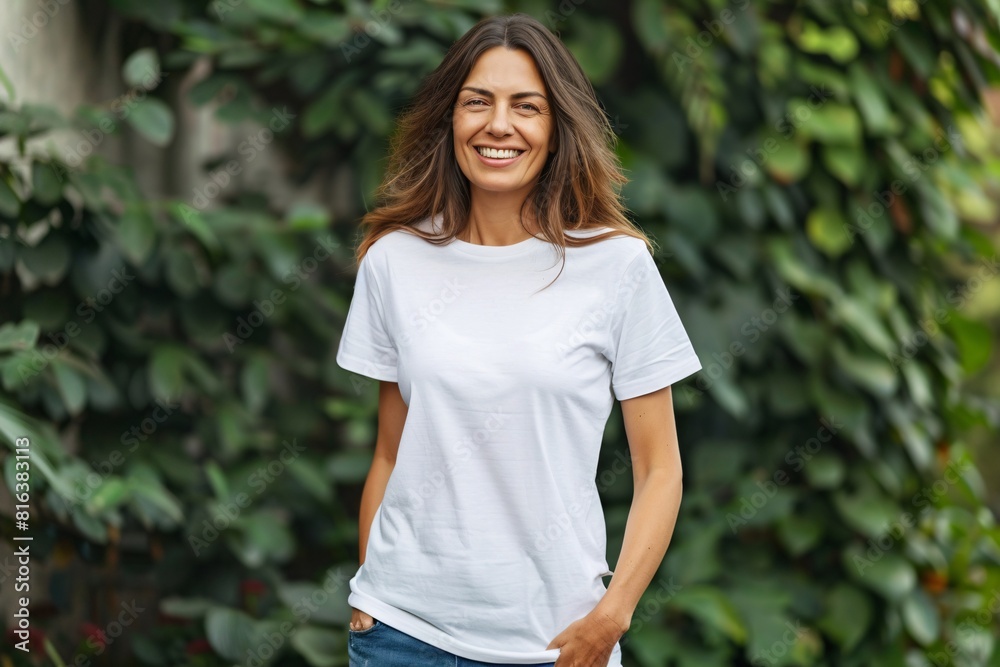 Portrait of smiling mature woman in white t-shirt with Copy space for text or logo. White tshirt mockup. Portrait of smiling mature woman in white t-shirt with Copy space for text or logo. White tshirt mockup.