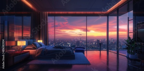High bedroom overlooking the city  large windows  sunset outside  interior design of a modern dark mansion room