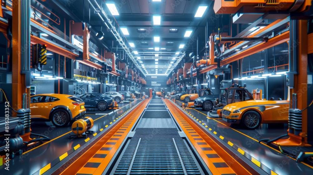 A series of luxury cars being assembled on a state-of-the-art, automated production line in an industrial plant. A series of luxury cars being assembled on a state-of-the-art, automated production line in an industrial plant.