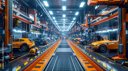A series of luxury cars being assembled on a state-of-the-art, automated production line in an industrial plant.