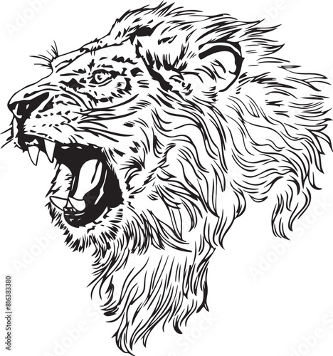 black and white lion roaring illustration 