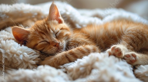 Cute red kitten sleeping on a white fur blanket. © Huseyn