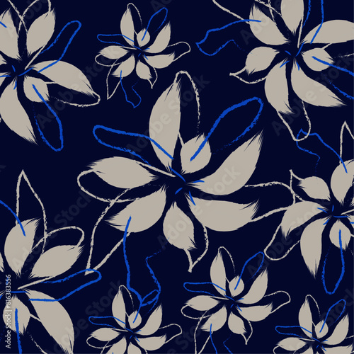 Seamless hand drawing pattern style in vector, a floral textile tropical bicolor flower and leaves miniprint flowers geometric textile cloth