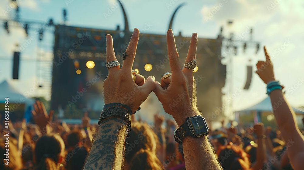Raised hands enjoying the concert at Coachella event, Generative AI