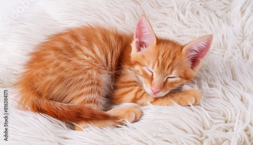 Cute red kitten sleeping on a white fur blanket.