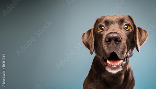 Portrait of a young Labrador dog  closeup  isolated on a blue background