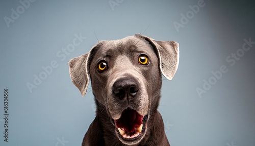Portrait of a young Labrador dog, closeup, isolated on a blue background
