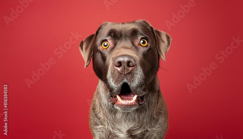 Portrait of a young Labrador dog  closeup  isolated on a red background