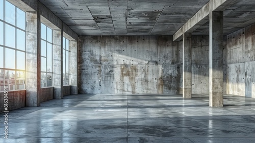 Modern empty concrete interior room with large windows