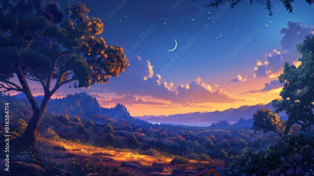 Enchanted twilight landscape with crescent moon Enchanted twilight landscape with crescent moon