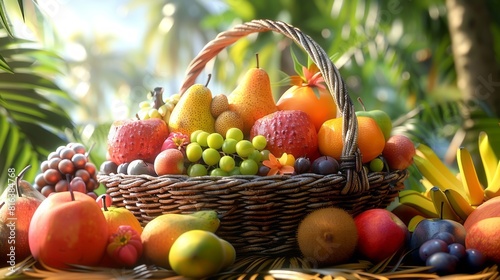 A beautiful wicker basket filled with an assortment of fresh  ripe fruits.