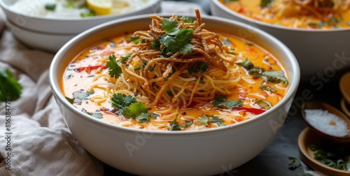 A bowl of khao soi, a Burmese noodle soup made with coconut milk, lemongrass, and galangal