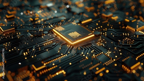 High-tech chip on circuit board closeup. Use of gold and black colors. Photo