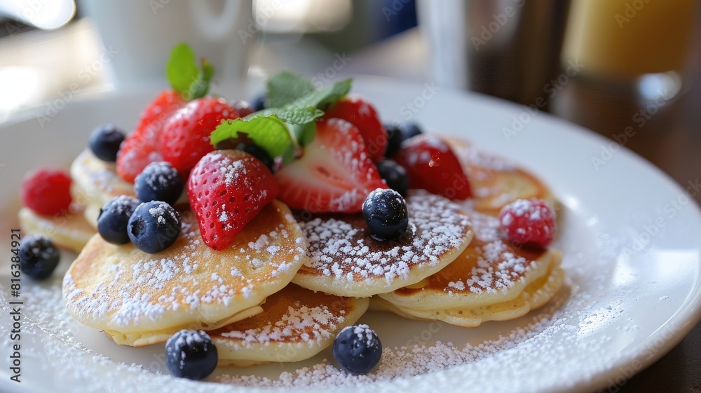 Berries on top of mini pancakes create a delightful breakfast scene Berries on top of mini pancakes create a delightful breakfast scene