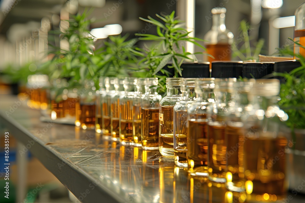 A row of bottles sitting on top of a metal counter A row of bottles sitting on top of a metal counter