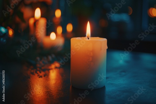 Candles Burning in the Dark with focus on single candle in foreground