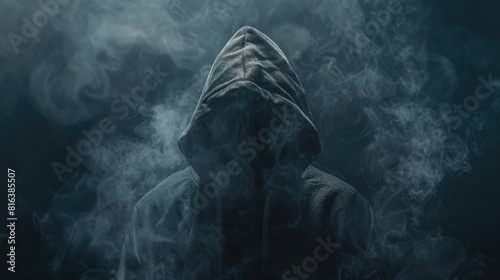 Hooded man in a dark background with smoke, a mysterious and unsplit face concept. Hiding his identity or identity photo