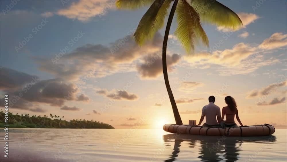 Um casal observando o pôr-do-sol em uma praia tropical