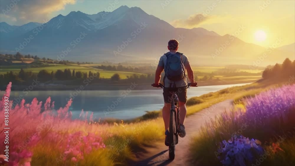 Um homem pedalando uma bicileta através de uma paisagem com lago, flores e motanha.
