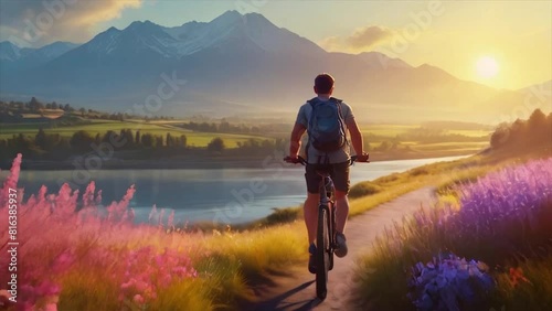 Um homem pedalando uma bicileta através de uma paisagem com lago, flores e motanha. photo