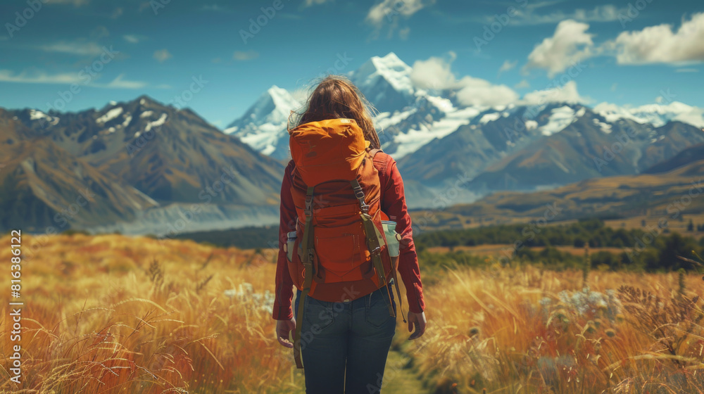 Back view of a female hiker facing majestic mountains in a vast, scenic landscape.