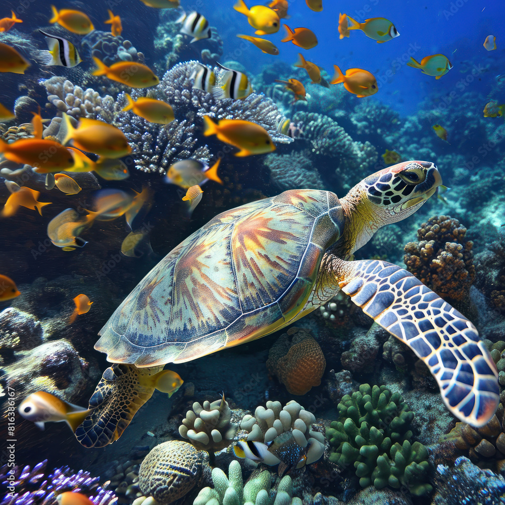 Fototapeta premium Immerse yourself in the mesmerizing beauty of the sea as a sea turtle swims gracefully amidst a colorful congregation of fish. Experience the magic of underwater exploration. AI generative