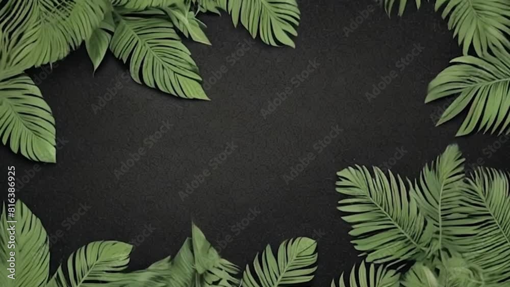 Fundo preto contornado por folhas verdes tropicais em movimento,