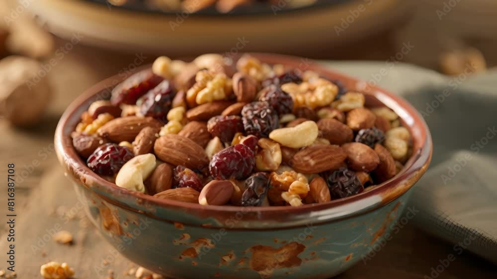 A small bowl of mixed nuts and dried fruit sprinkled with a flavorful seasoning blend. A small bowl of mixed nuts and dried fruit sprinkled with a flavorful seasoning blend.