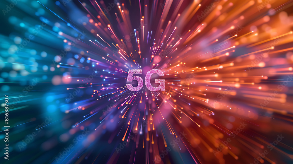Fototapeta premium Bright, dynamic 5G symbol amidst colorful, futuristic digital particles