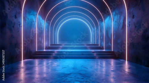 Futuristic Dark Podium and Illuminated Corridor with Reflective Surfaces and Atmospheric Ambience