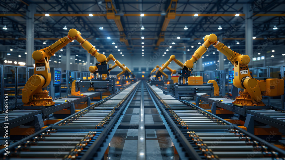 Multiple industrial robot arms efficiently working on an assembly line in a high-tech factory setting.