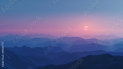 Twilight over mountains flat design top view, landscape theme, 3D render, Analogous Color Scheme