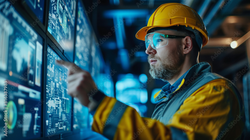 Male engineer wearing a yellow hard hat uses digital touchscreens to monitor data in an industrial control room. Male engineer wearing a yellow hard hat uses digital touchscreens to monitor data in an industrial control room.