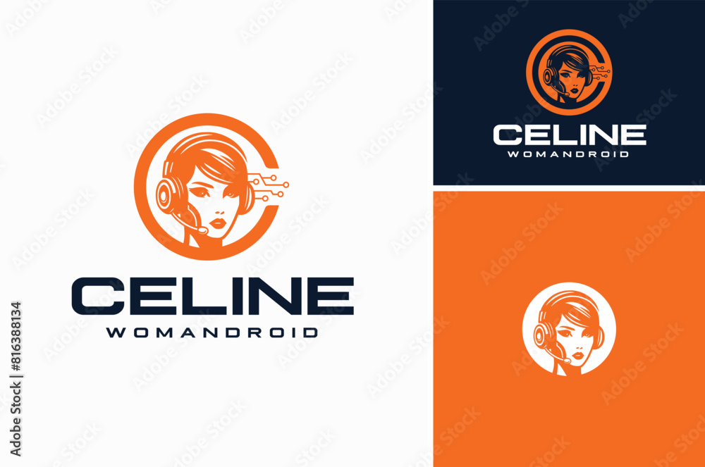 Woman AI Cyborg Female Android Robot wears headphone headset mic with initial letter C for Customer Service Operator or Futuristic Artificial Intelligence Assistance logo design Woman AI Cyborg Female Android Robot wears headphone headset mic with initial letter C for Customer Service Operator or Futuristic Artificial Intelligence Assistance logo design