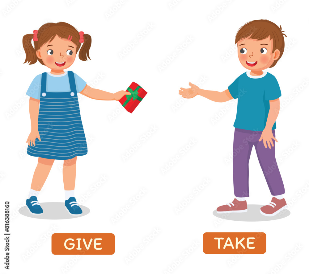 Opposite words give and take illustration of little girl giving present to boy friend Opposite words give and take illustration of little girl giving present to boy friend