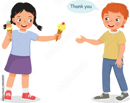 Cute little girl sharing food ice cream to her boy friend