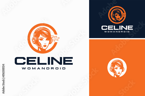 Woman AI Cyborg Female Android Robot wears headphone headset mic with initial letter C for Customer Service Operator or Futuristic Artificial Intelligence Assistance logo design