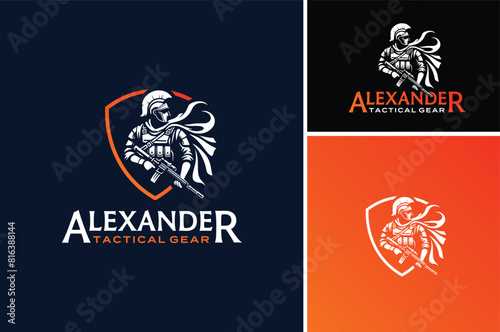 Greek Roman Warrior wears War Helmet and Modern Soldier Suit with Shield Emblem Badge for Military Tactical Gear logo design