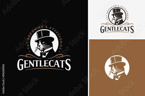 Black Cat wears gentleman tuxedo suit with bow tie and victorian felt top hat for Feline Pets Grooming Salon and Fashion Beauty viintage classic logo design