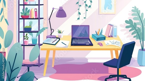 A home office with a large desk  a comfortable chair  and a lot of plants
