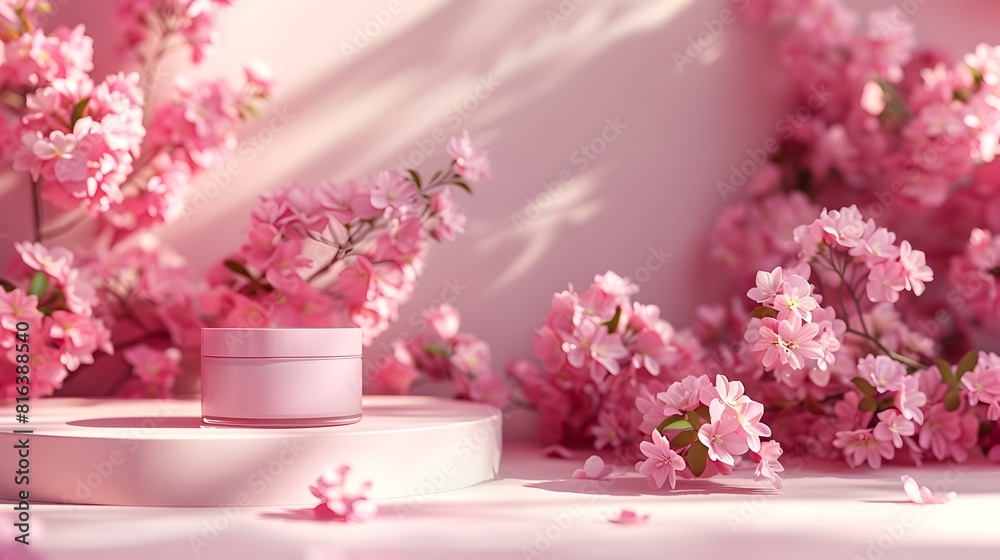 Striking 3D Podium Backdrop with Enchanting Pink Flowers Showcasing Premium Beauty Product in Nature-Inspired Studio Setting Striking 3D Podium Backdrop with Enchanting Pink Flowers Showcasing Premium Beauty Product in Nature-Inspired Studio Setting