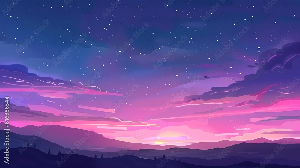 Twilight sky flat design top view, serene evening theme, cartoon drawing, Complementary Color Scheme